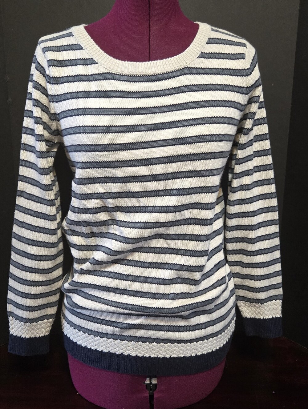 DownEast collection Knit Blue and white striped Detail Sweater Nautical Boat Sm